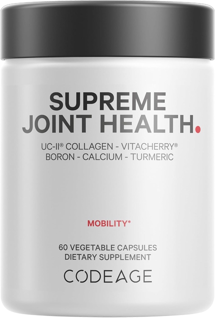 Kodeage Højeste fælles sundhed, UC- II Collagen kapsler Type II, VitaCherry Sport Cherries, Boron, Calcium Fructoborate, Hyaluronsyre, gurkemeje, Bromelain & Boswellia Supplement, Non- GMO, 60 Greve