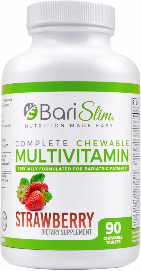 BariSlim Complete Chewable Bariatric Multivitamin med 45 mg Jern - Bariatric Multivitamin til Post Bariatric Kirurgi herunder Gastric Bypass og Gastric Sleeve - Jordbær (90 Greve)