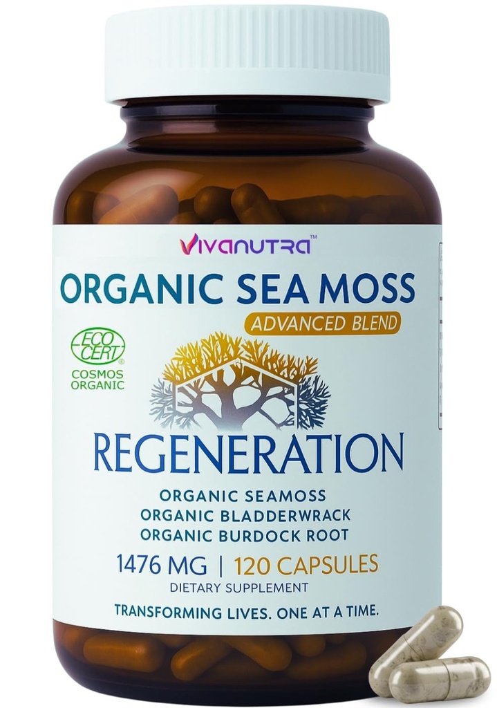 Sea Moss Capsules 1476mg - Organic Seamoss Pills Superfood med Irish Sea Moss, Bladderwrack & Burdock Root Budd124; 120 Veganske Kapsler til Vitality, Energi & Skin Support - Made in USA