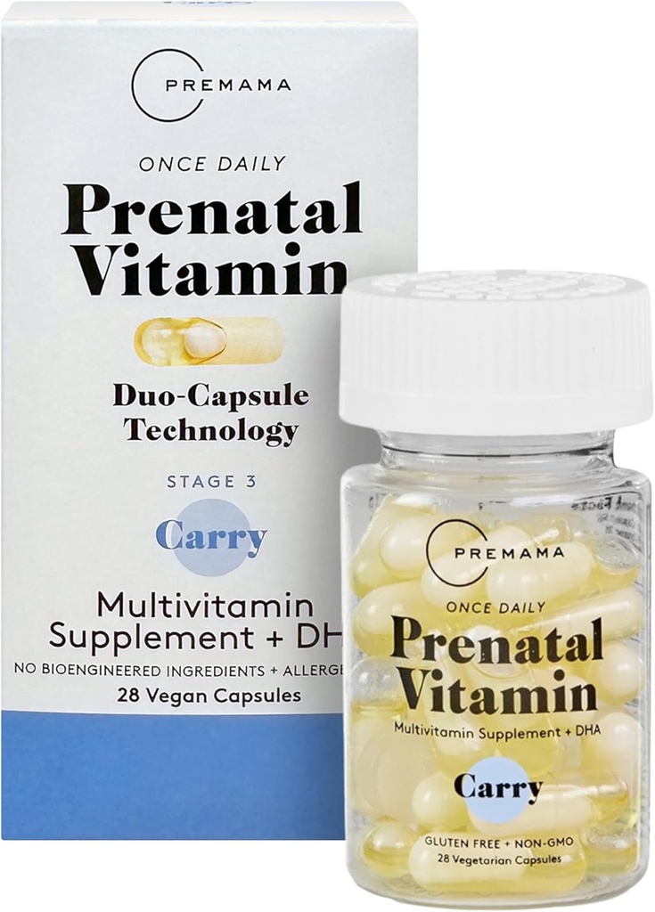 Premama prenatale vitaminer til kvinder, Once- Daily Multivitamin Supplement, omfatter Folate og DHA, Allergen- Free, 28 Vegan kapsler