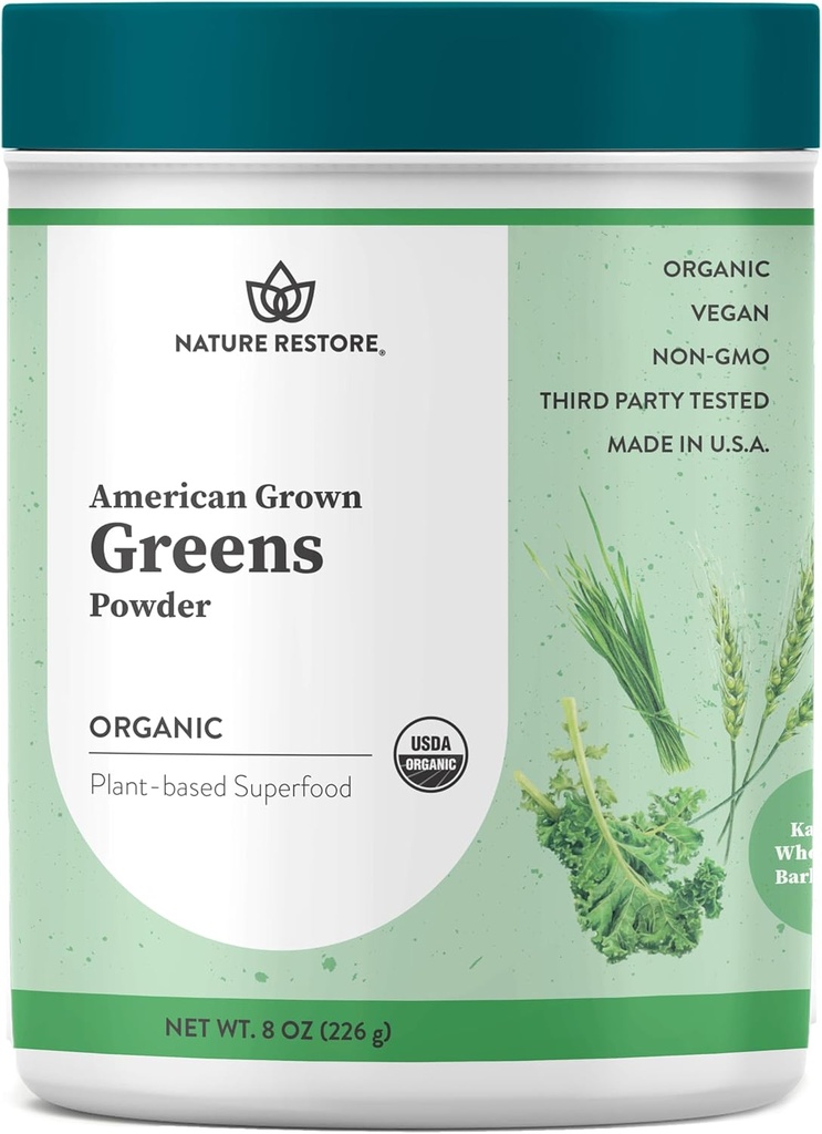 Nature Restore Green Superfood Powder, USA Grown, Organic Kale, Barley Grass, Wheatgrass, Usødet, 8 Ounces, Made in USA