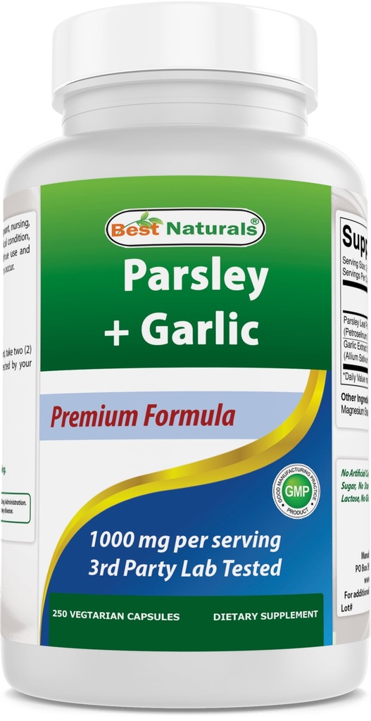 Bedste Naturals Persille og hvidløg 1000 mg per servering 250 vegetariske kapsler. Gluten Free og ikke-GMO.