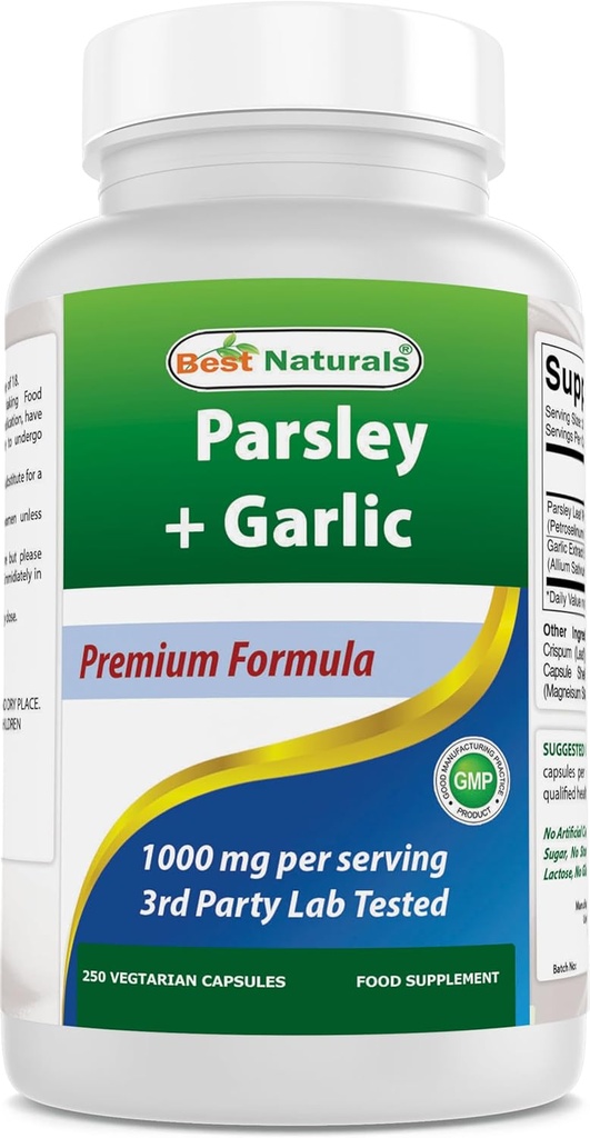 Bedste Naturals Persille og hvidløg 1000 mg per servering 250 vegetariske kapsler. Gluten Free og ikke-GMO.