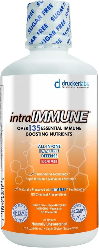 Drucker Labs -intraIMMUNE Organic Liquid Daily Immun & Defense Support, Multivitamin, Elderberry, Echinacea, Zink, D-vitamin, C E, Vegan, Non GMO, Gluten Free (32 oz., Sugar Free Peach Berry)