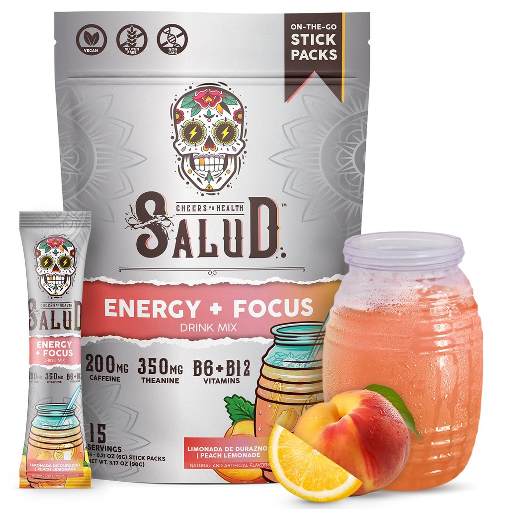 Salud 2-in-1 Energy Drink Powder + Focus, Peach Lemonade, Organic Coffein, B6 + B12, Theanin, Clean Energy Drink Pakninger, Agua Fresca Mix, Non- GMO, Gluten Free, Vegan, 1g sukker, (15 Servere)