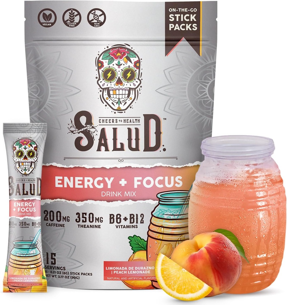 Salud 2-in-1 Energy Drink Powder + Focus, Peach Lemonade, Organic Coffein, B6 + B12, Theanin, Clean Energy Drink Pakninger, Agua Fresca Mix, Non- GMO, Gluten Free, Vegan, 1g sukker, (15 Servere)