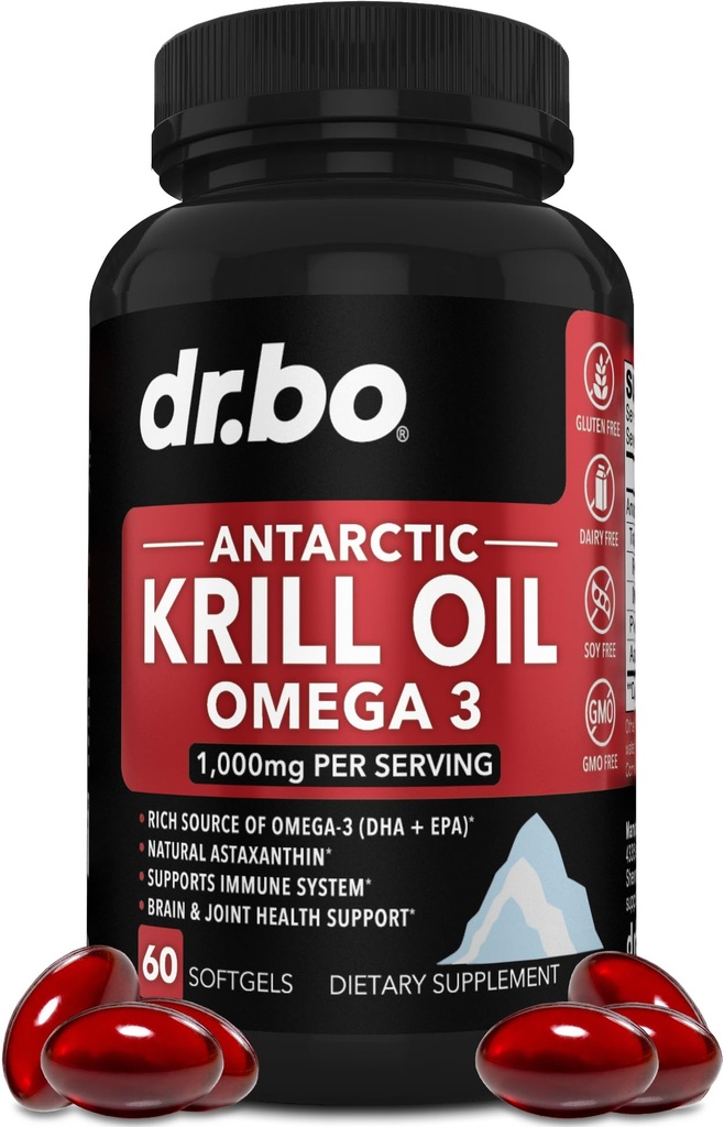 Krill Oil Omega 3 500mg - Antarktis Krill Oil 1000mg Softels Capsules EPA, DHA, Astaxanthin, Phospholipider - Omega 3 Fedtsyrer Kosttilskud, Naturlige Rene Kosttilskud til kvinder & Mænd - 60 Softels