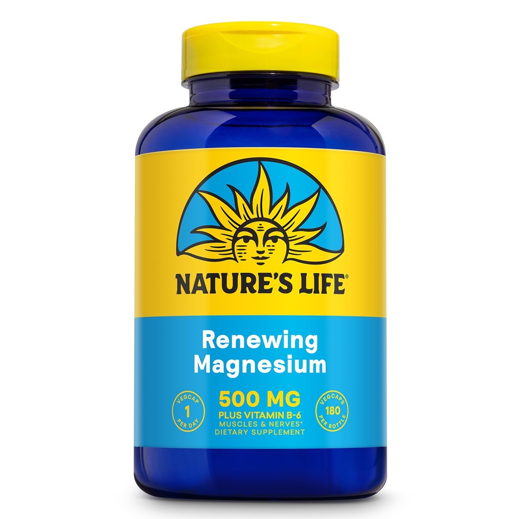 Natures Life Renewing Magnesium 500 mg - Plus vitamin B- 6 - Muscles and Nerves Support - Lab Verified (180 Servere, 180 VegCaps)