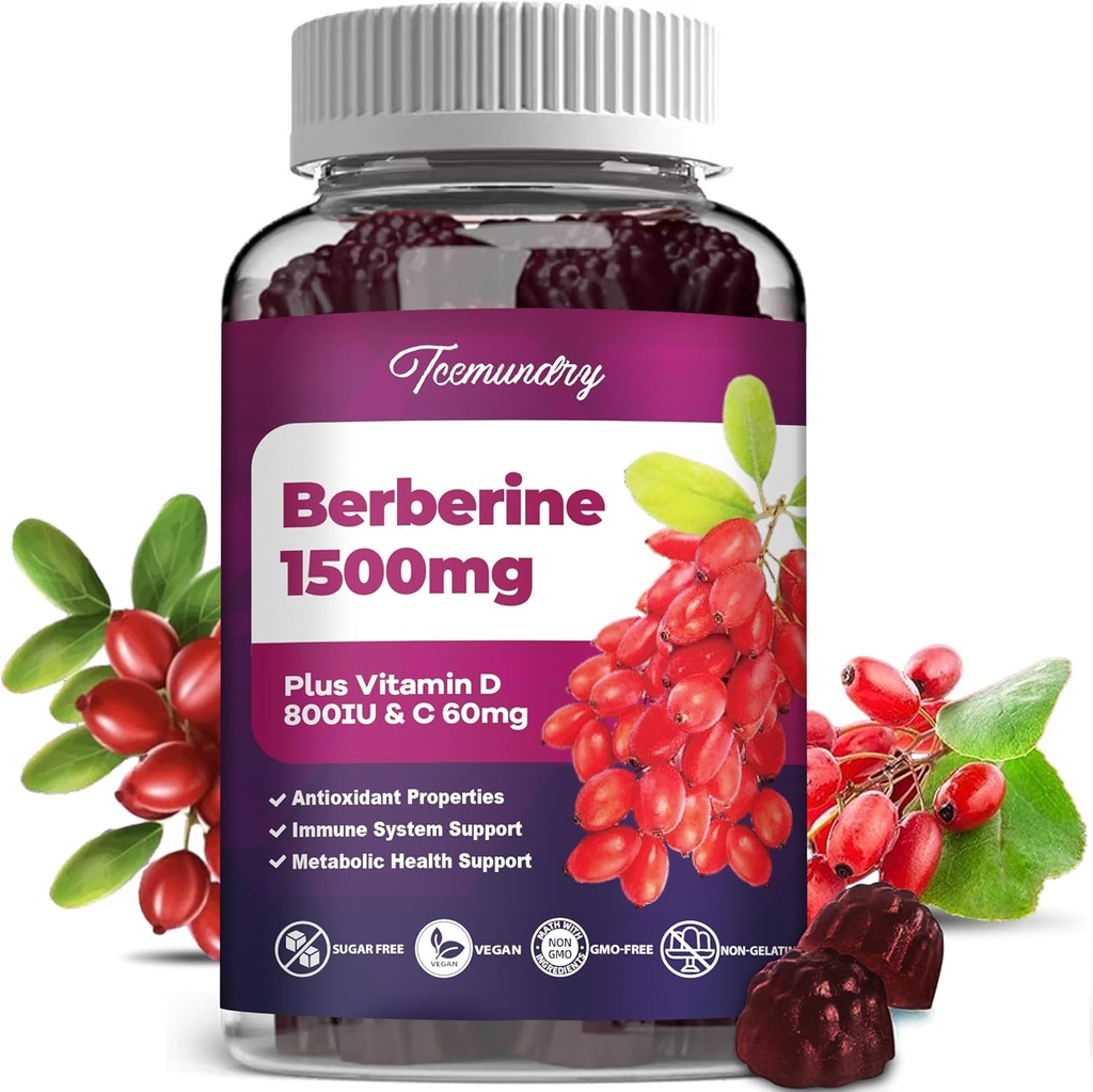 Berberine Gummies 1500 mg fra indisk Barberry Root High Potency med D-vitamin & C-vitamin supplement