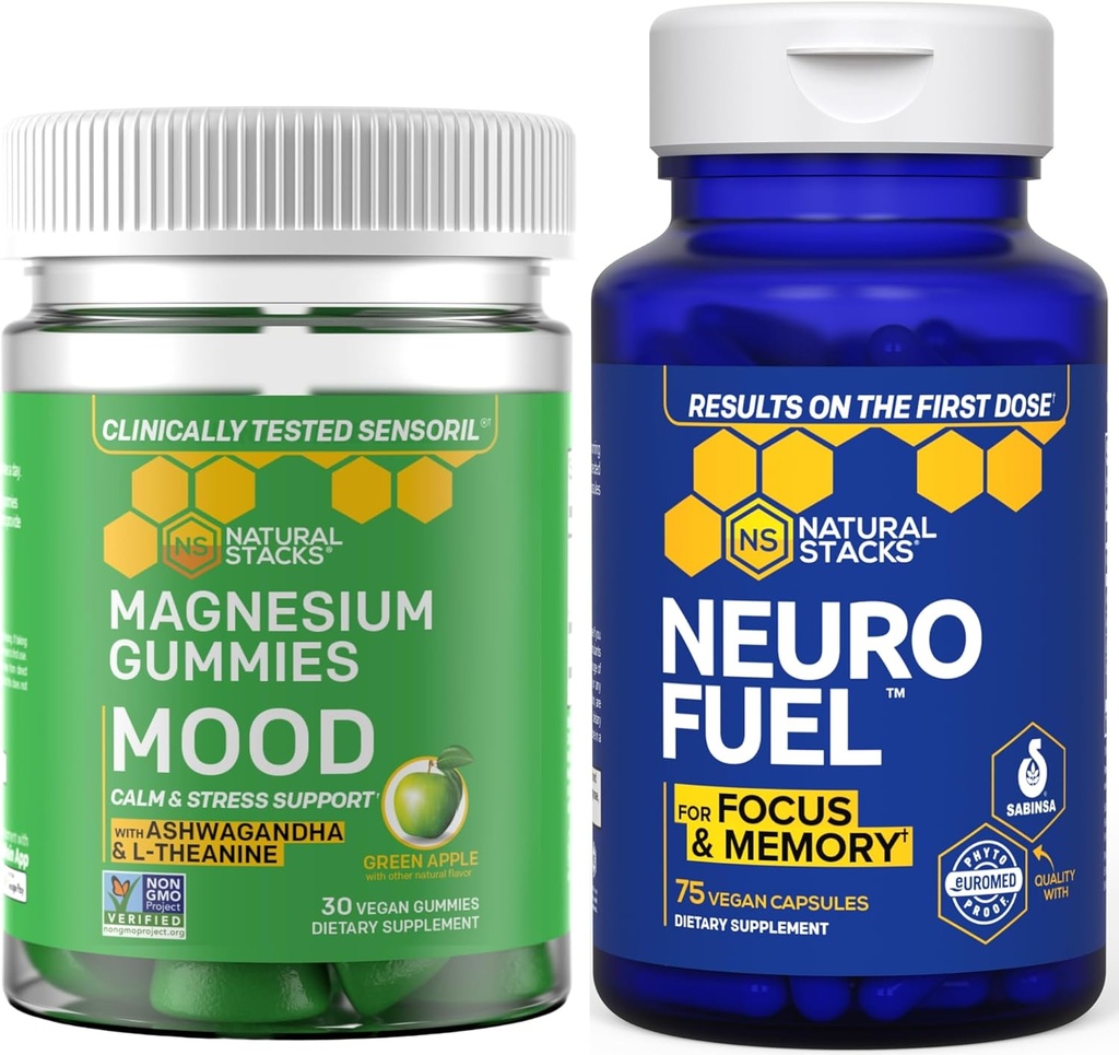 NATURLIGE STAKKER Mood Magnesium Gummies + Neurofuel Nootrop Bundle - Understøtter Brain Health & Mood * - 105 stykker