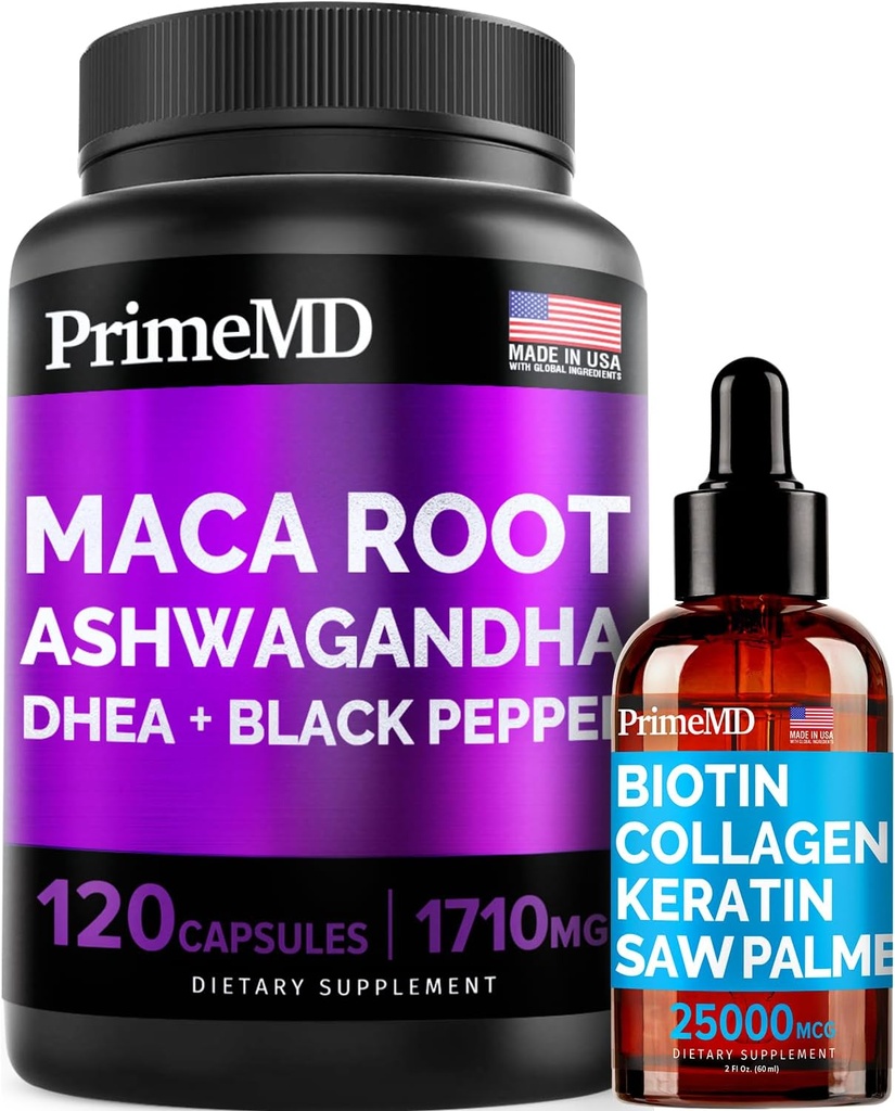 4-in-1 Flydende Biotin Collagen Keratin Saw Palmetto Drops (2 fl oz - 1 Pack) & 6-in-1 Maca Root Ashwagandha w Black Pepper Fruit (120ct) Bundle - Hår, hud, negle, Energi & Mood Support Supplement