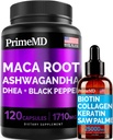 4-in-1 Flydende Biotin Collagen Keratin Saw Palmetto Drops (2 fl oz - 1 Pack) & 6-in-1 Maca Root Ashwagandha w Black Pepper Fruit (120ct) Bundle - Hår, hud, negle, Energi & Mood Support Supplement