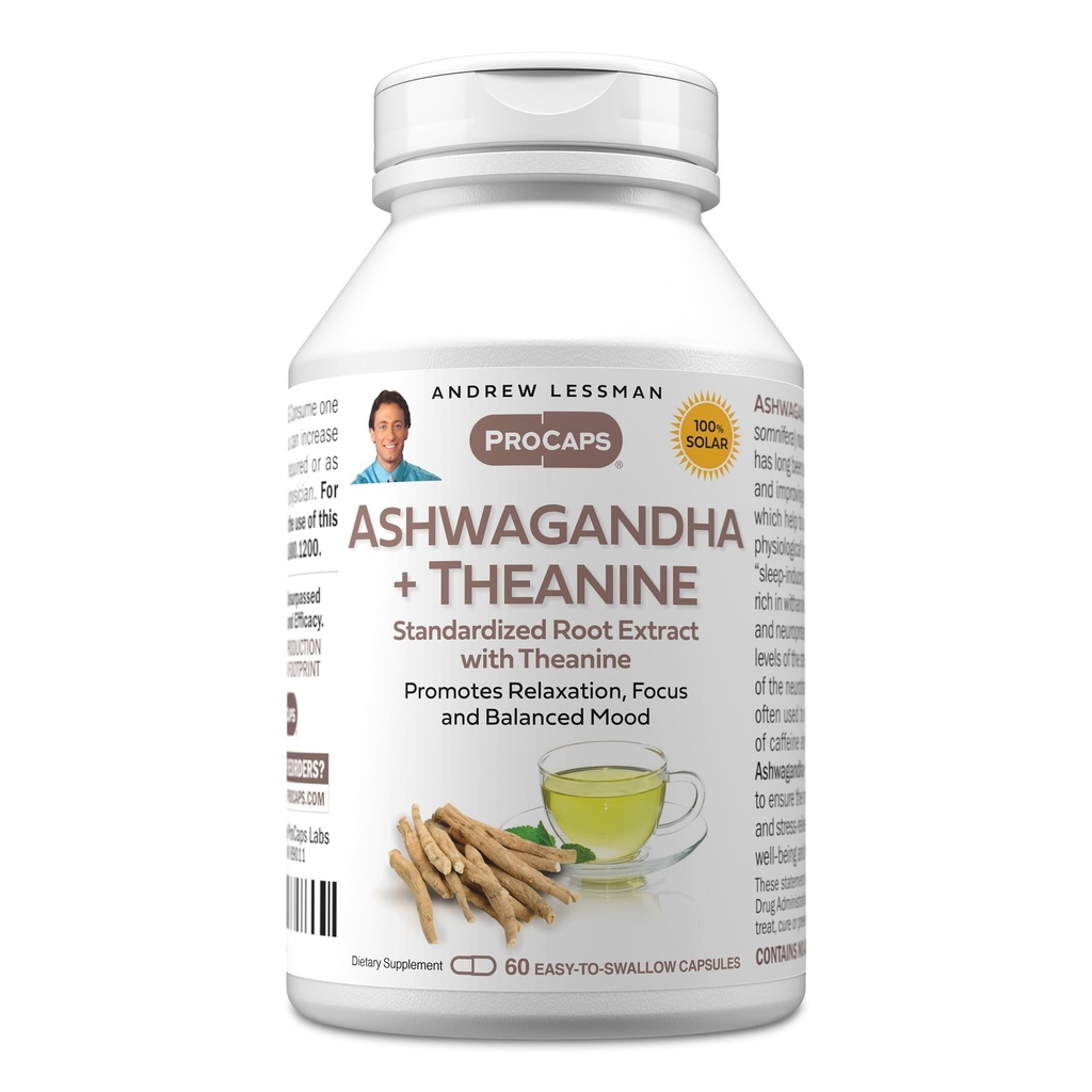 ANDREW LESSMAN Ashwagandha + Theanine 60 Kapsler - Standardized Extract. Fremmer afslapning, fokus og balanceret mood. Lille let at synke kapsler