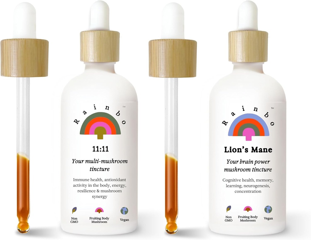 Rainbo Fan Favorite Bundle, 11: 11 Multi Mushroom Extract + Lions Mane Mushroom Tincture, Dual Extract Daily Mushroom Tinctures for Omfattende immunforsvar, Vegansk flydende Mushroom Kosttilskud