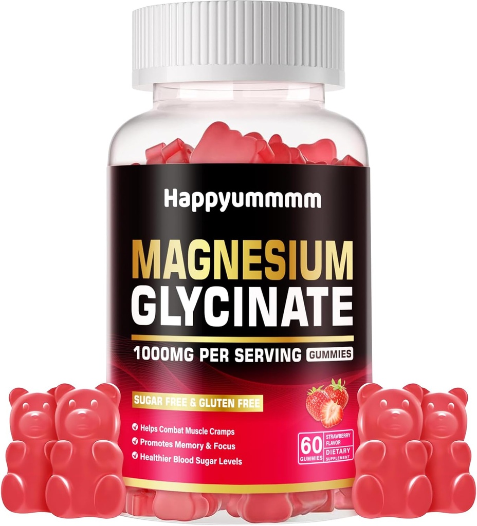 Magnesium Glycinate Gummies 1000mg - Sugar Free Magnesium Kalium Supplement med D-vitamin, B6, CoQ10 for Calm Mood & Sleep Support - 60 Jordbær Gummies.