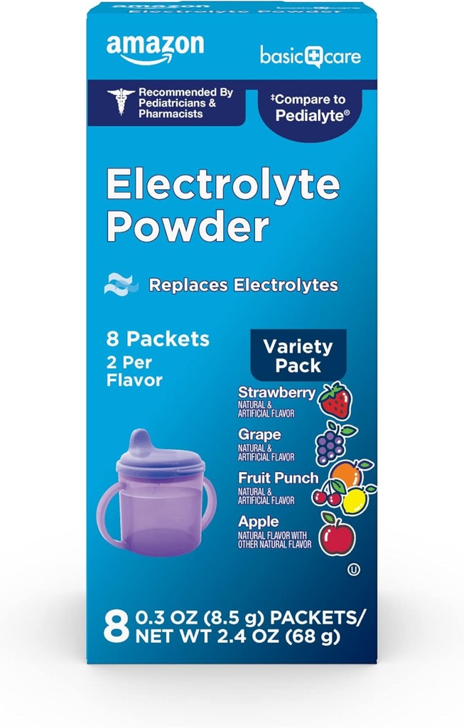 Basic Care Electrolyte Powder Variety Pack, Apple, Fruit Punch, Grape, Jordbær, 8 Greve