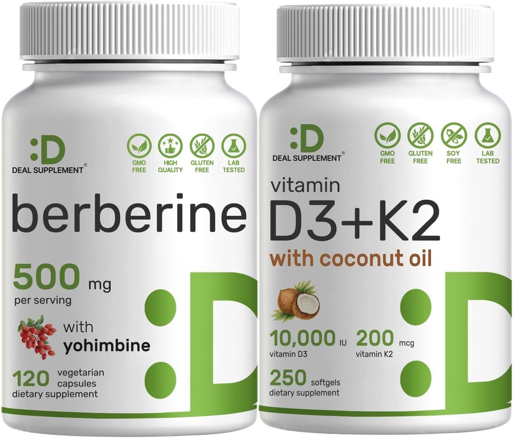DEAL SUPPLEMENT Vitamin D3 10,000iu + K2 200mcg Softgel & Berberine Supplement med Yohimbine Bundle - Essential Sunshine Vitaminer med kokosolie - Høj Absorption Hydrochlorid HCl Forms