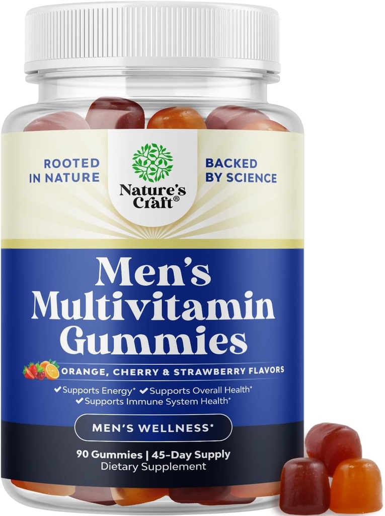 Natures Craft Daily Mens Multivitamins Gummies - Mens Gummy Multivitamins with Zinc and Biotin Immune Support Gummies - Potent Vitamins for Energy and Immunity Non-GMO Gluten Free Halal 90 Count