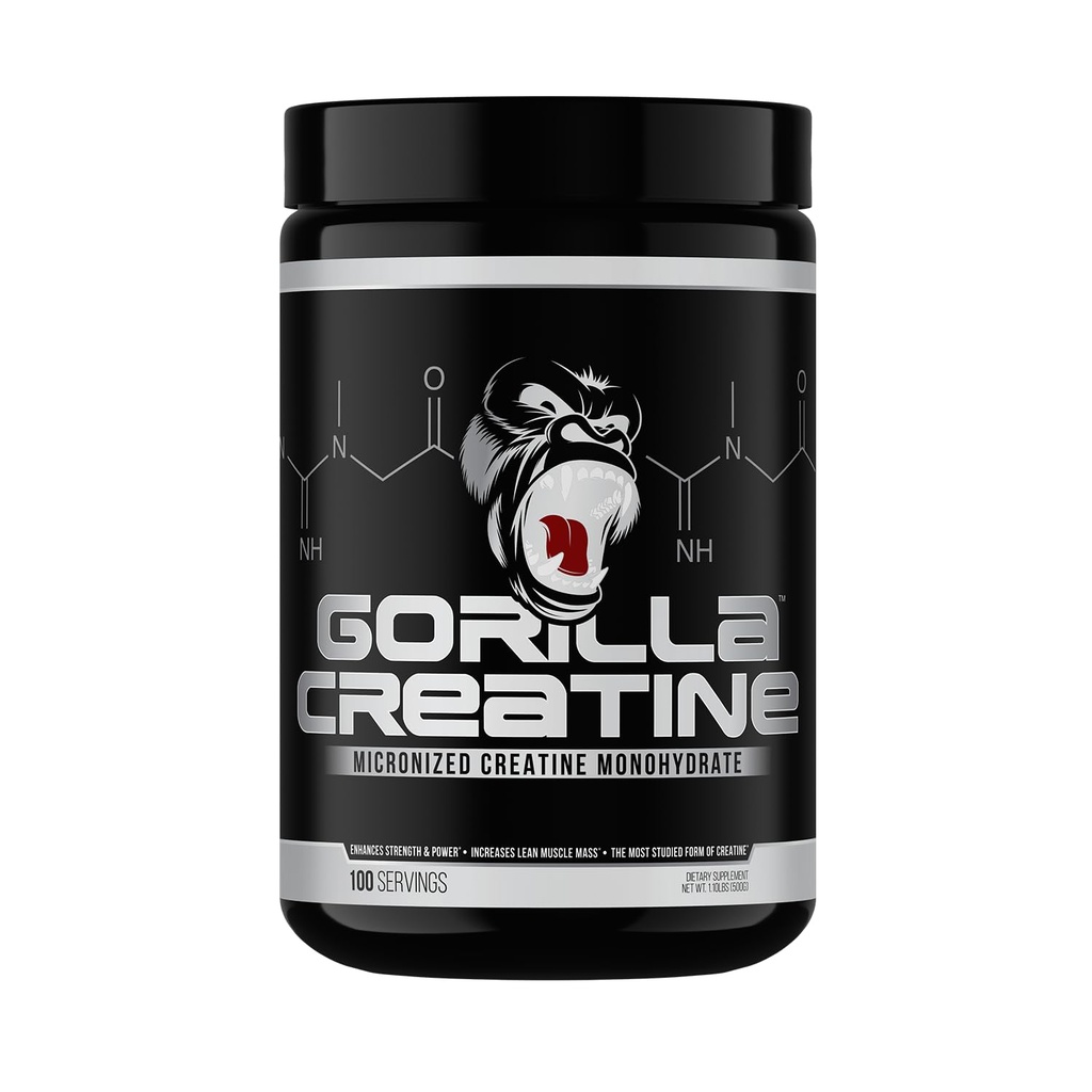 Gorilla Mind Creatin Monohydrat Mikroniseret pulver, Forbedret muskelstørrelse, Power Output og styrke, 5 Bedste pr Servering, 100 Servering