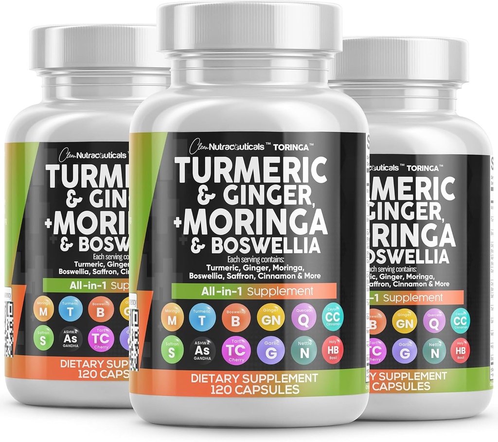 Turmeric Moringa Supplement | Ginger Boswellia Saffron - Supplement for Women and Men with Ceylon Cinnamon, Tart Cherry, Quercetin Garlic Nettle Holy Basil - 3Pack