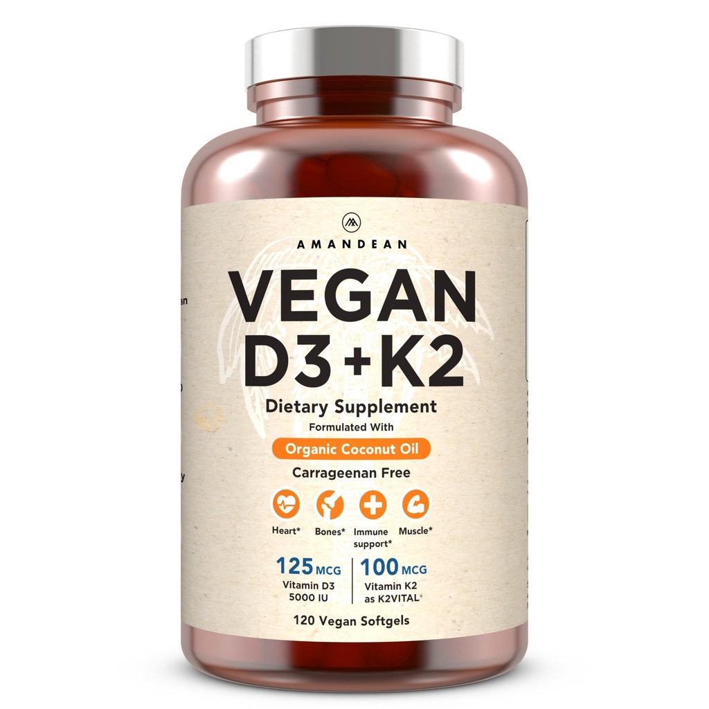 AMANDEAN Vegan Vitamin D3 K2. 5000 iu fra Algae. Alle-Trans MK-7. 120 Softgels. Plant- baseret & Carrageenan Gratis. Organic Coconut Oil Blend. for Mood, Bones, Heart, immunforsvar (Packaging May Vary)