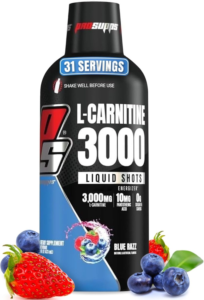 PROSUPPS L- Carnitin Liquid 3000, Stimulant- Free Liquid Shots for Mænd & Kvinder - Ren workout drink for energi, ydeevne og muskel Inddrivelse - Ingen sukker, ingen kulhydrater - 31 Servering, Blue Razz
