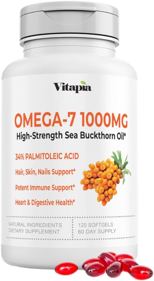 Vitapia Omega 7 Sea Buckthorn Berry Oil 1000mg for hår, hud, negle, hjerte sundhed støtte - 34% Palmitoleinsyre & Natural Omega 3 6 9 Fedtsyrer Supplement - 120 kapsler, non-GMO, glutenfri