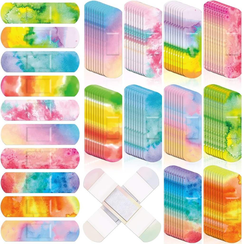 Lounsweer 120 stk Kids Bandages Bulk Tie Dye Pastel Farvede Bandages til Kid Cute Vandtæt Fleksibel Adhesive Tryk Breatable Care for Child Baby Toddler Cut Scrapes Wounds Burn, 10 Style (Tie Dye)