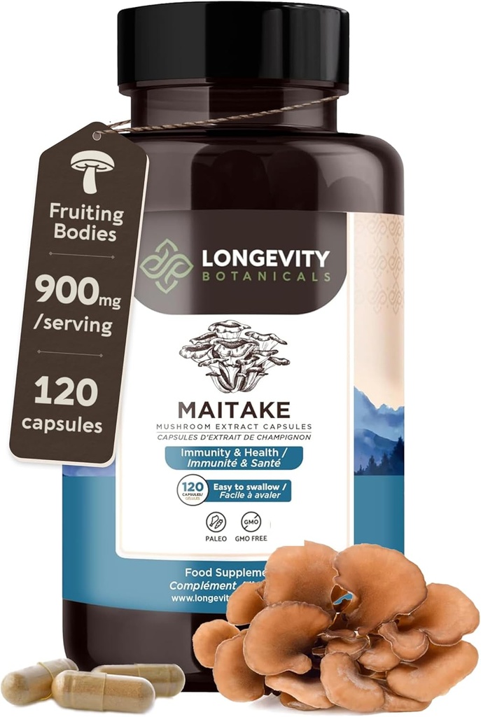 Longevity Botanicals Organic Maitake Mushroom Extract Capsules (120) | Concentrated 10:1 Ratio | 100% Fruiting Bodies | Grifola frondosa Natural Supplement for Gut Health & Immunity Support