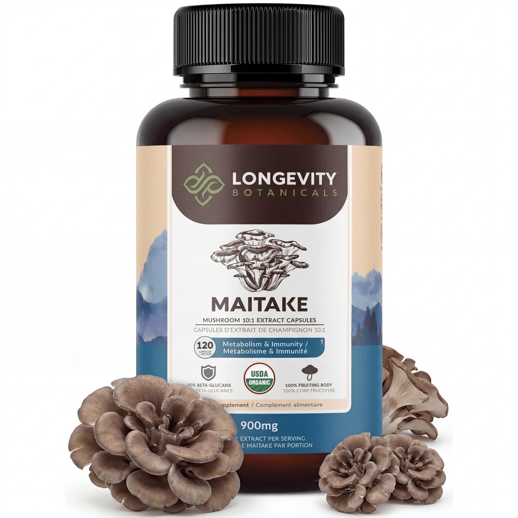 Longevity Botanicals Organic Maitake Mushroom Extract Kapsler (120); Koncentreret 10: 1 Ratio