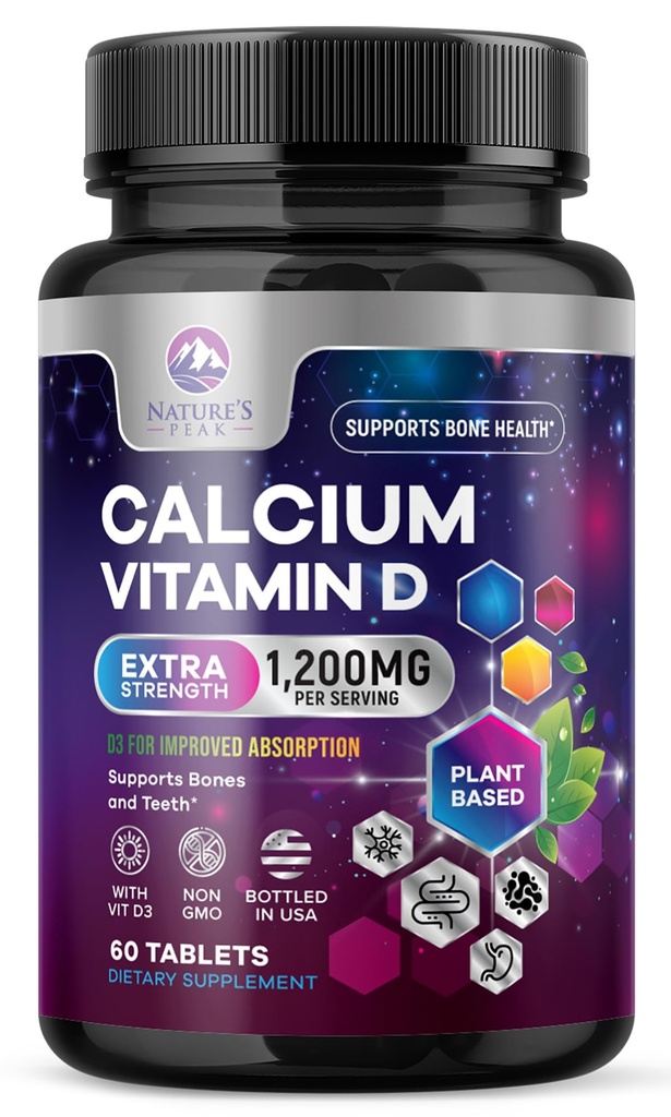 Calcium 1200 mg med D3- vitamin, calciumtilskud Vitaminer, ben, tænder og immunforsvar, kalciumtilskud med D for kvinder og mænd, naturs Absorberbare calciumcarbonat - 60 tabletter