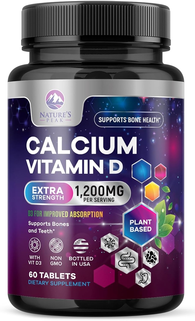 Calcium 1200 mg med D3- vitamin, calciumtilskud Vitaminer, ben, tænder og immunforsvar, kalciumtilskud med D for kvinder og mænd, naturs Absorberbare calciumcarbonat - 60 tabletter