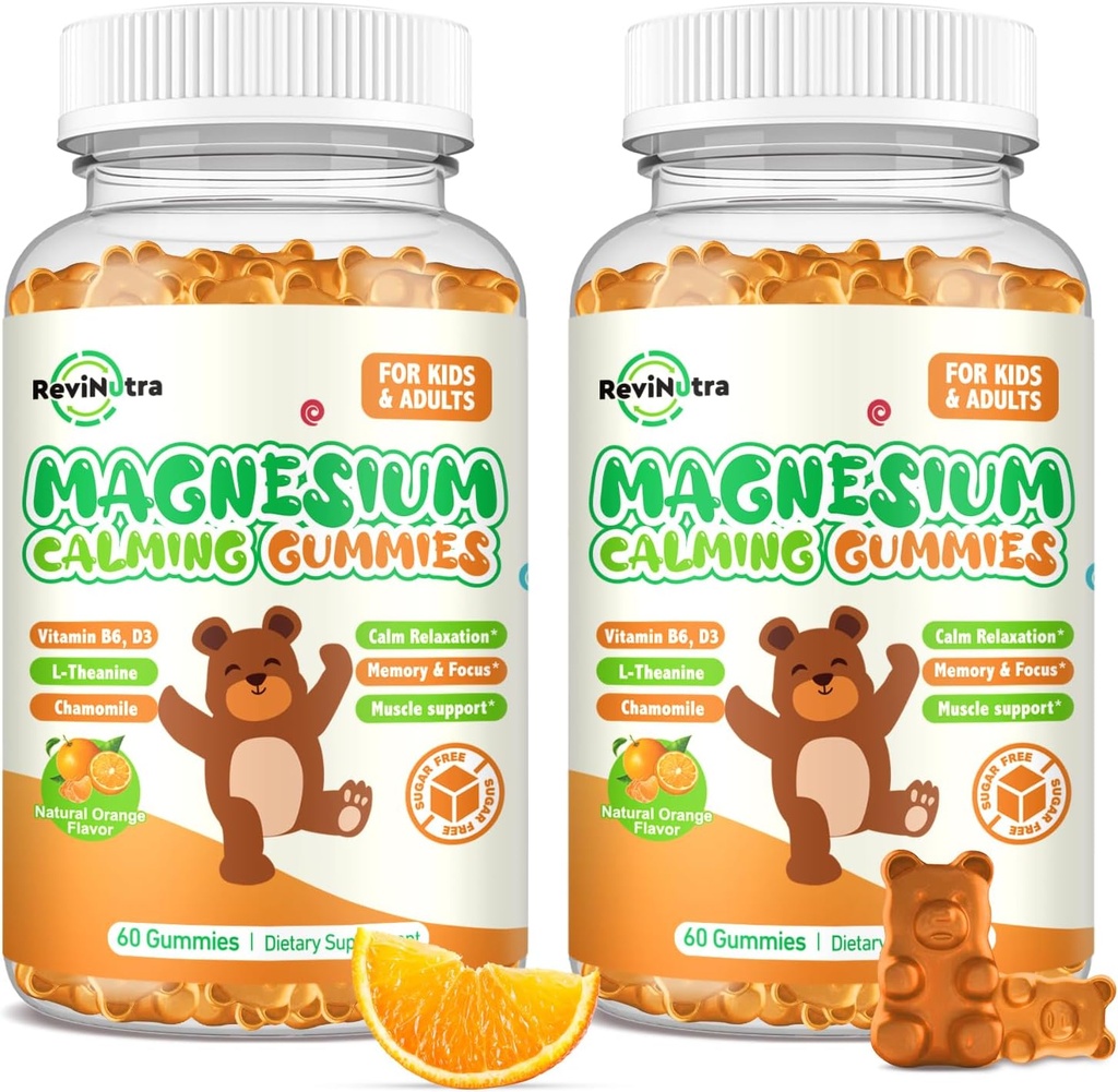 Magnesium Gummier for børn - Magnesium Glycinat Gummies Supplement med L- Theanin, vitamin B6, D3 for voksne & børn, rolig Magnesium for søvn, afslapning, hjerne, knogler, sukker fri Orange 120ct