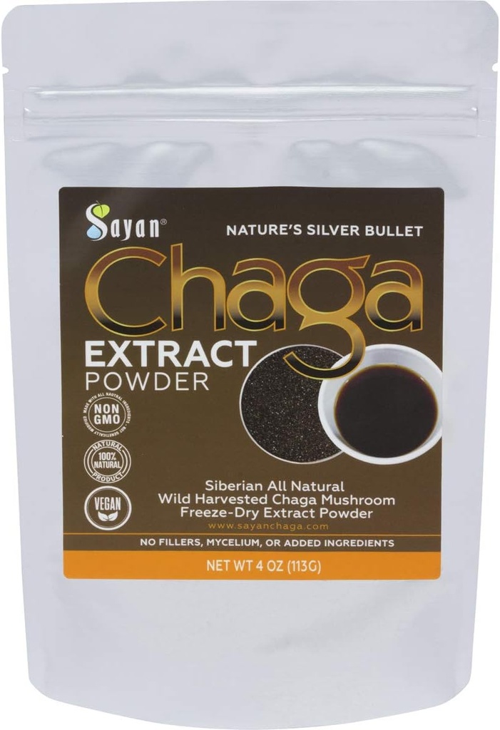 Sayan Chaga Mushroom Extract Powder (4oz) - Fryse Tørret Siberian Wild Hartered - Organic Antioxidant Tea for immun and fordøjelse Support - Focus, Energy, Clarity, Wellness - Ingen tilsætningsstoffer