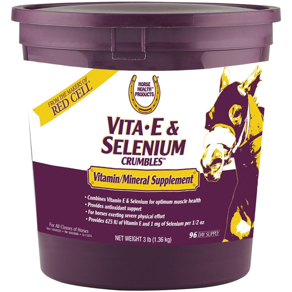 Horse Health Vita E & Selenium Crubles Horse Vitamin Supplement, understøtter Optimal Muscle Health & antioxidant Support, 3 lbs., 96 Day Supply