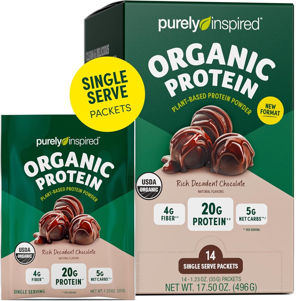 Inspireret organisk protein pulver, 14 enkeltsæt, Rich Decadent Chokolade - 20 g Plantbaseret protein pulver til smoothies & shakes - Dairy- fri, ikke-GMO - for mænd og kvinder