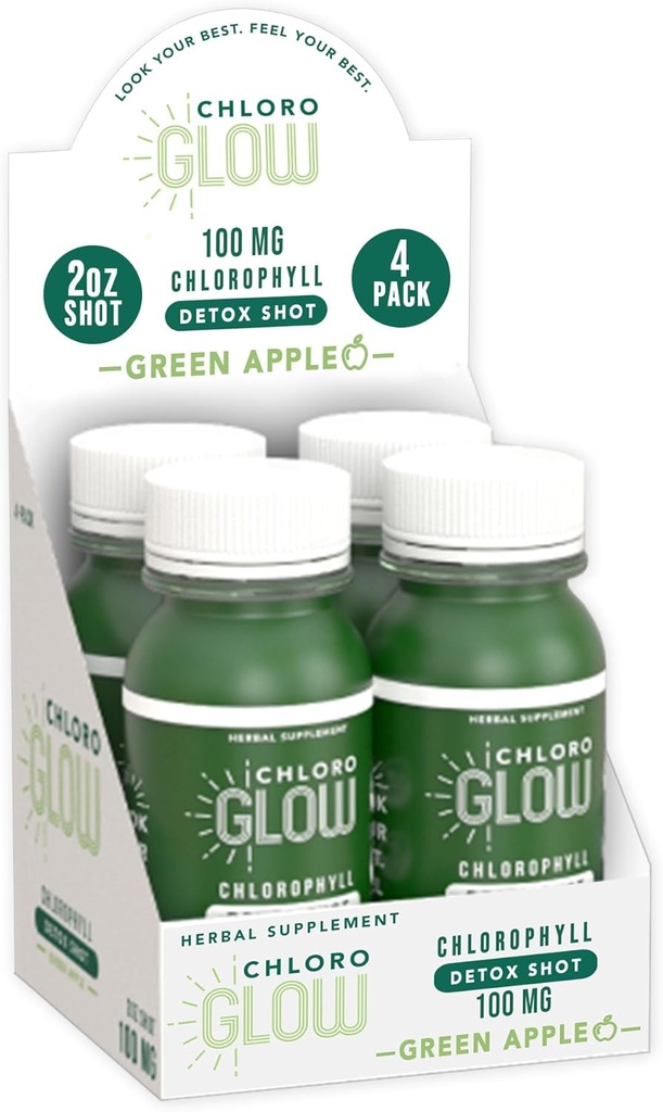 Chloroglow Chlorophyll Shots - Organic Plant- based Green Apple drink for immunforsvar & Kropslæde - Natural Supplement (4 Pack)