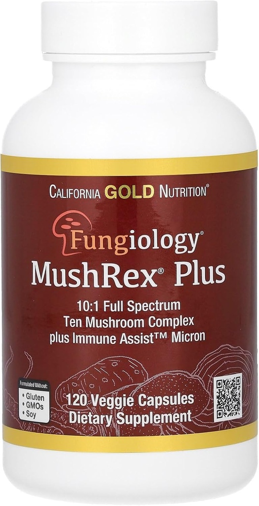 California Gold Nutrition Fungiology, MushRex Plus, Full- Spectrum Ten Mushroom Complex med Agaricus, Chaga, Cordyceps, og Lions Mane, 120 Plantcaps