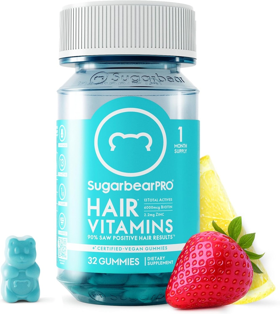 SugarBearPro Hår Vitamin Gummy 1 Måned Supply, Ekstra Styrke Biotin 6000mcg for hårvækst, Vegan Vitamin B12, MSM, Inositol, Omega 3, Elderberry, Certified Kosher, Halal, Cruelty- Free