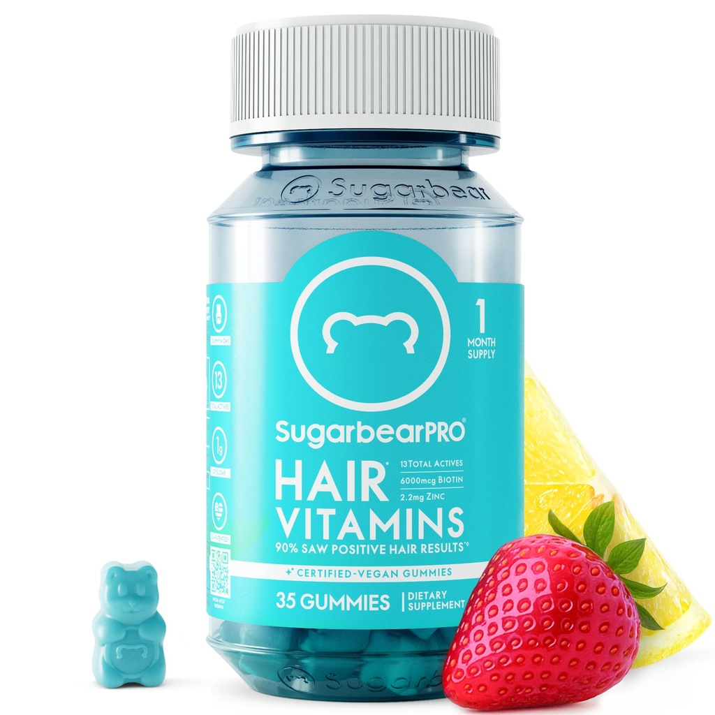 SugarBearPro Hår Vitamin Gummy 1 Måned Supply, Ekstra Styrke Biotin 6000mcg for hårvækst, Vegan Vitamin B12, MSM, Inositol, Omega 3, Elderberry, Certified Kosher, Halal, Cruelty- Free