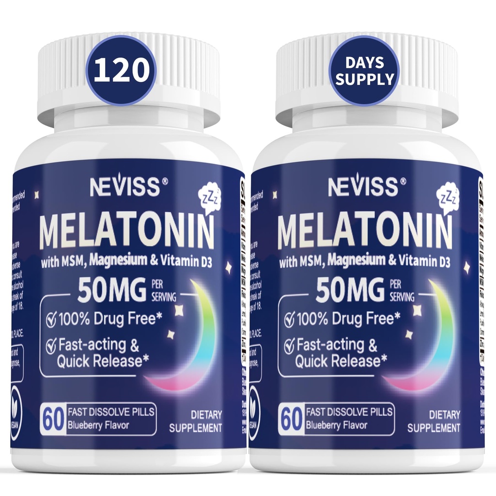 NEVISS Melatonin 50 mg til voksne - Ekstra styrke 9- in-1 Fast opløsning Sublingual - Høj dosis med Magnesiumglycinat, D3- vitamin, Ashwagandha, Lemon Balm, Kamille, Sugar Free, Vegan 120 Tablets