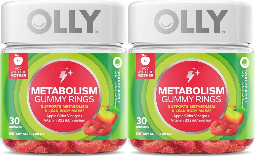 OLLY Metabolisme Gummy Ringe, Apple Cider Vingium, B12 Vitamin, Chrom, Energi og fordøjelse, Chewable Supplement, Apple Flavor, Twin Pack - 60 Greve