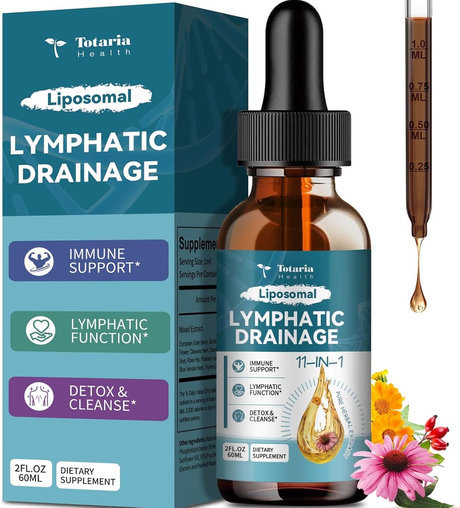 Liposomal Lympletic Drainage Drops - 11 i 1 Organic Lympletic Drainage Supplement med Burdock Root, Echinacea, Elderberry, Calendula, Cleavers Herb, Mælkebøtte Understøtter Lympletic Health 2 FLLOZ