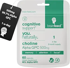 Acetylcholine Supplement | 99% Alpha GPC Capsules (60) | 1-a-Day | Memory, Focus Concentration Nootropic Brain Supplement | Acetylcholine Precursor | Alpha GPC Powder in Capsule | Lab-Tested
