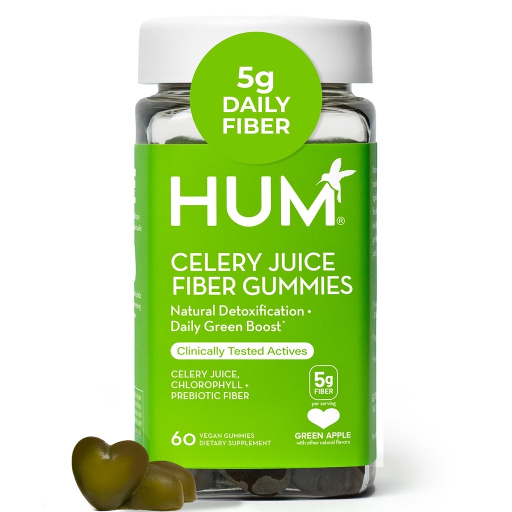Hum Celery Juice Fiber Gummies for voksne, First Prebiotic Celery Juice Gummy, Gluten Free Fiber Supplement Understøtter afgiftning, Gut Health, Green Gummies, Chlorophyll & Prebiotic Fiber, 60 Greve