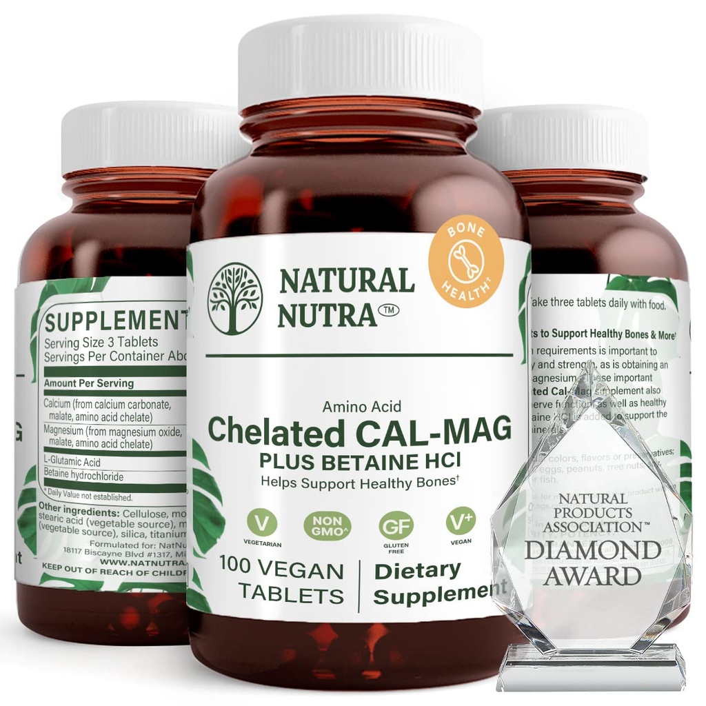 Naturlig Nutra Chelated Calcium Magnesium 1000 / 500 mg Kosttilskud Plus betain HCL - Cal Mag Forbedrer knogletæthed, understøtter muskler, tænder, kardiovaskulær & nerve sundhed, 100 Veganske tabletter