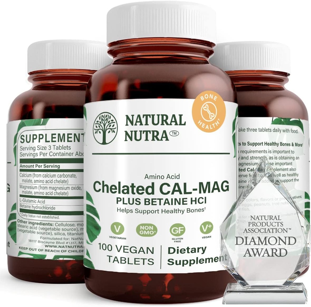 Naturlig Nutra Chelated Calcium Magnesium 1000 / 500 mg Kosttilskud Plus betain HCL - Cal Mag Forbedrer knogletæthed, understøtter muskler, tænder, kardiovaskulær & nerve sundhed, 100 Veganske tabletter