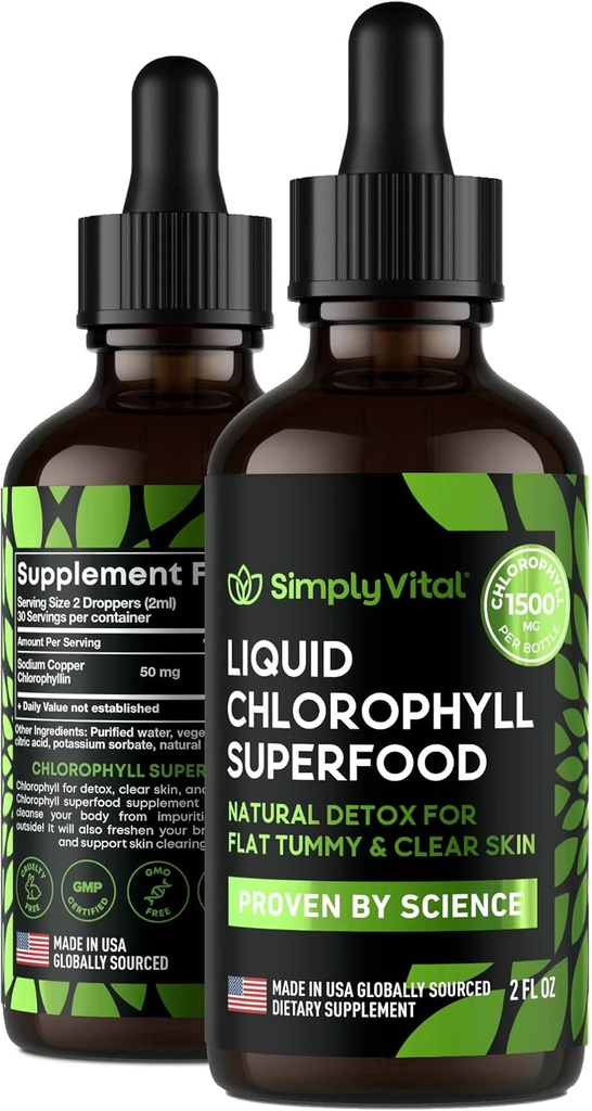SimplyVital Chlorophyll Flydende dråber til Clear Skin & Energy Boost - Immun Support - Lavet i USA - Flydende Chlorophyll til Gut Sundhed - Intern Deodorant - Antioxidant- 2 FL OZ