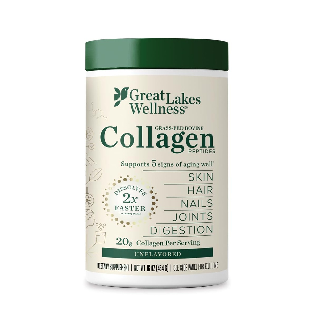 Great Lakes Wellness Collagen Peptider pulver til hud, hår, negle, Joints & fordøjelse - Unflavored - Hurtig opløsning Hydrolyseret, Non- GMO, Keto, Kosher - 16oz