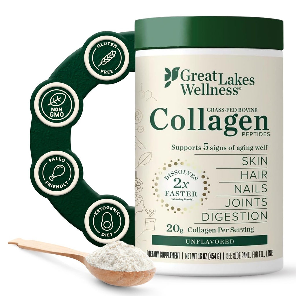 Great Lakes Wellness Collagen Peptider pulver til hud, hår, negle, Joints & fordøjelse - Unflavored - Hurtig opløsning Hydrolyseret, Non- GMO, Keto, Kosher - 16oz